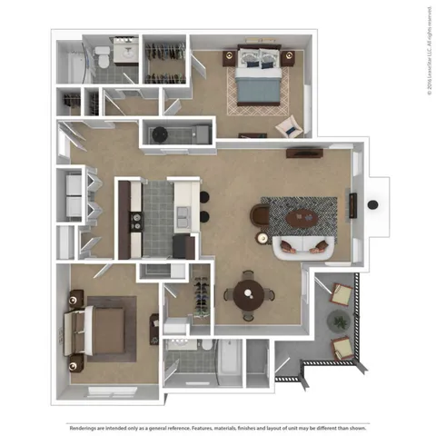 Modern 2D floor plan showcasing 2 spacious bedrooms, a sleek kitchen, open living area, and cozy patio space for relaxation.