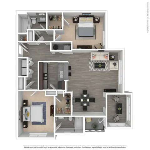 Contemporary 3D floor plan showcasing 2 spacious bedrooms, elegant living room, modern kitchen, and cozy dining area.