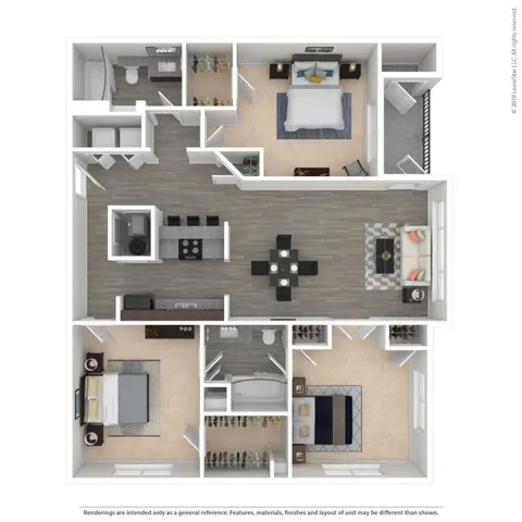 Modern floor plan featuring 3 bedrooms, chic open kitchen, spacious living area, and elegant bathrooms with ample storage.