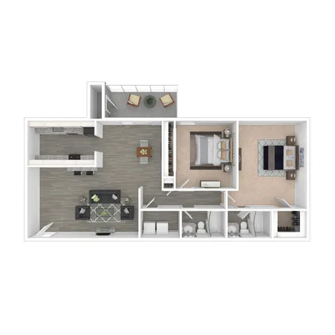 Modern 2D floor plan featuring a luxurious two-bedroom apartment with an open-concept living area, contemporary kitchen, and private balcony.