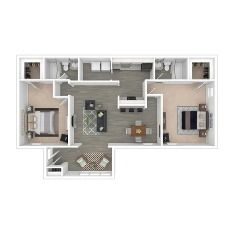 Chic floor plan showcasing 2 spacious bedrooms, elegant open living and dining area, with modern kitchen set in a stylish layout.