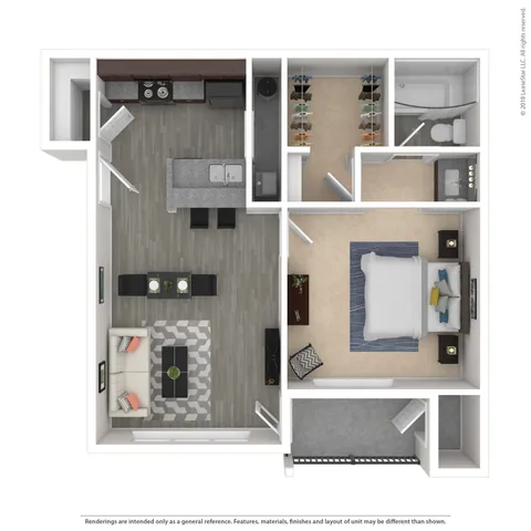Cherokee Rose 1-bedroom apartment floor plan featuring an open-concept kitchen, inviting living area, and elegant bathroom.