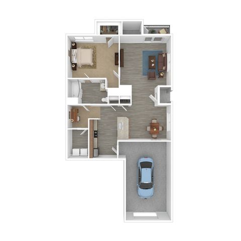 Modern 2D floor plan featuring a cozy bedroom, open living area, sleek kitchen, and convenient garage in a spacious layout.
