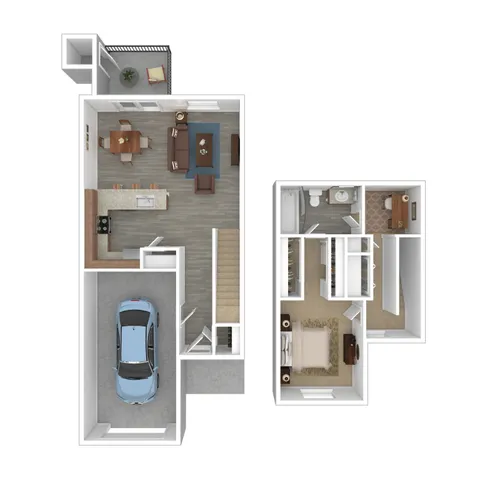 Chic floor plan showcasing an inviting open-concept living area, modern kitchen with island, cozy one-bedroom suite, and attached garage in a stylish duplex layout.