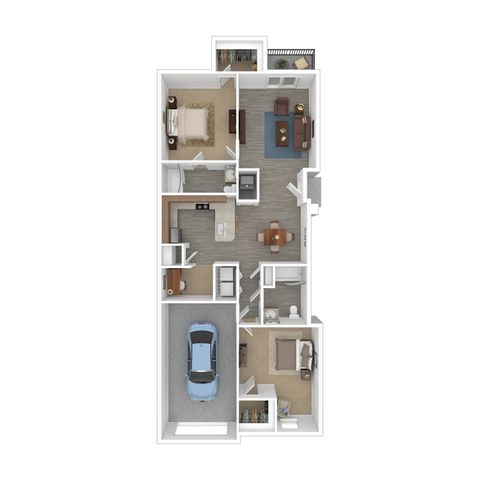 Modern apartment floor plan featuring 2 bedrooms, spacious living area, sleek kitchen, and convenient garage.