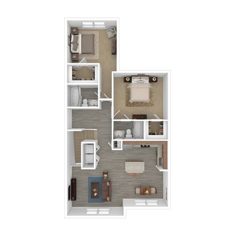 Modern apartment floor plan with two cozy bedrooms, two bathrooms, open-concept kitchen, and inviting living space.