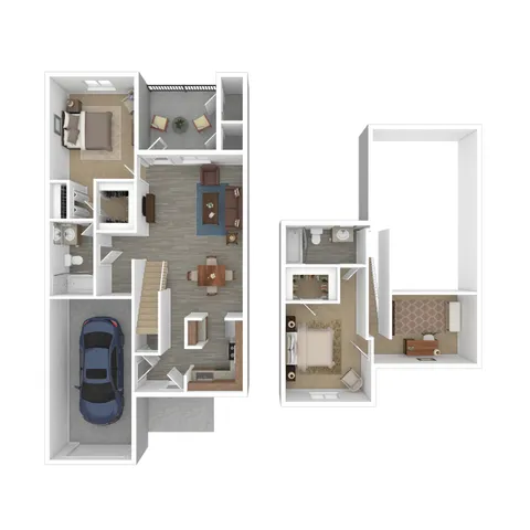Chic two-story floor plan with 2 bedrooms, modern open living area, and attached garage, ideal for luxury living.