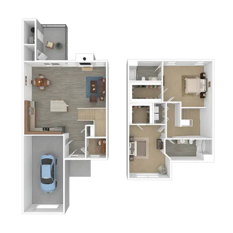 Elegant 3D floor plan showcasing two bedrooms, a spacious open-concept living and dining area, modern kitchen, and attached garage. Ideal for comfortable living.