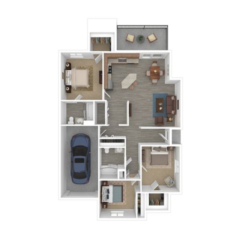 Modern floor plan showcasing a spacious layout with three bedrooms, vibrant open kitchen, cozy living area, two stylish bathrooms, and convenient garage access.