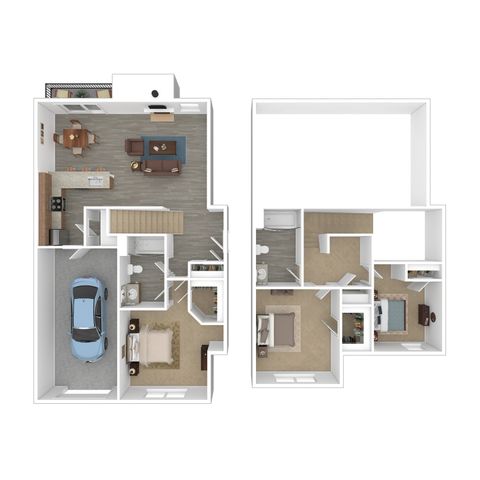 Modern two-story floor plan with three bedrooms, spacious living area, stylish kitchen, and attached garage featuring a sleek car.