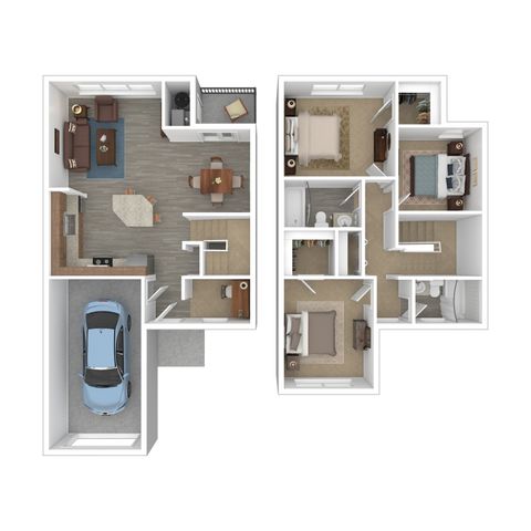 Modern 2-story floor plan featuring 3 spacious bedrooms, an elegant open-concept living area, a sleek kitchen, and a convenient single-car garage.