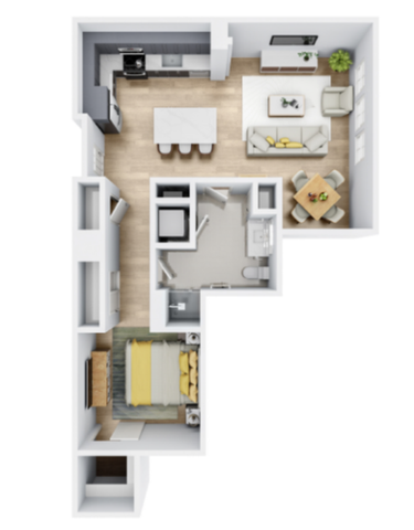 Modern 3D floor plan featuring 1 bedroom, open-concept kitchen, and stylish living area with natural light.