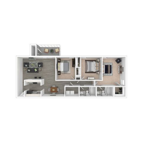 Modern 3D floor plan showcasing 3 elegant bedrooms, a cozy living area, gourmet kitchen, and a relaxing balcony with outdoor seating.