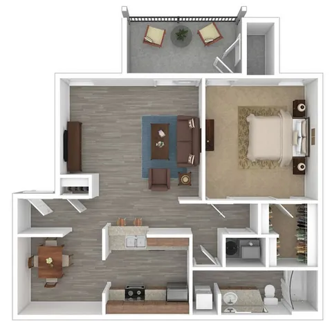 Inviting floor plan showcasing a spacious 1-bedroom apartment with open living area, modern kitchen, and cozy patio.