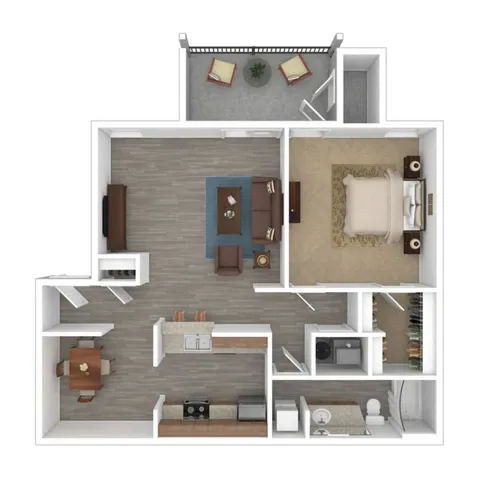 Modern 1-bedroom apartment floor plan with open living and dining area, cozy kitchen, and spacious balcony.