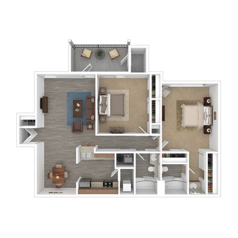 Modern floor plan showcasing a spacious 2-bedroom apartment with a cozy living room, elegant kitchen, and private balcony.
