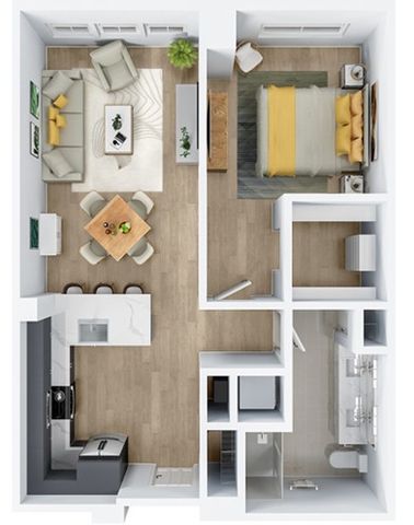 Modern floor plan featuring a spacious bedroom with a cozy living area and adjacent dining space, sleek kitchen, and luxurious bathroom.