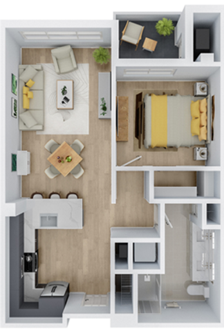 Elegant apartment floor plan featuring a cozy bedroom, stylish living area, modern kitchen, and a spacious bathroom.