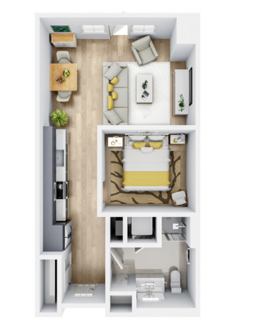 Contemporary 2D floor plan showcasing a cozy 1-bedroom apartment with an open-concept living and dining area, modern kitchen, and stylish bathroom.