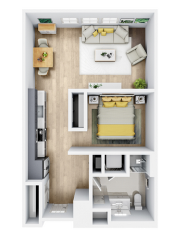 Inviting floor plan featuring a cozy bedroom, modern kitchen, and open living area with elegant dining space.