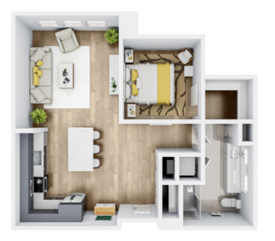 Chic 1-bedroom apartment floor plan showcasing an open-concept living room, modern kitchen with island seating, stylish bedroom, and sleek bathroom.