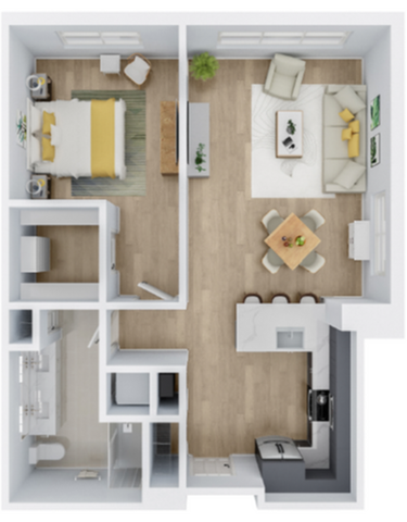 Modern open-concept floor plan with 1 bedroom, spacious living area, and sleek kitchen design.