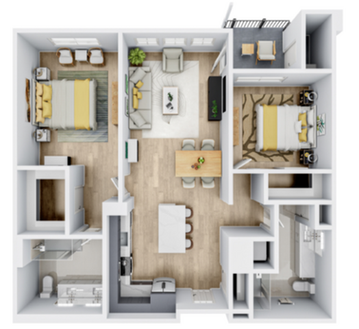 Charming floor plan showcasing 2 spacious bedrooms, open living-dining area, modern kitchen, and private balcony.