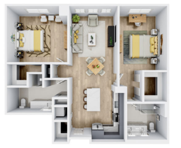 Modern 2D floor plan showcasing 2 spacious bedrooms, open-concept living and dining area, gourmet kitchen, and elegant bathrooms with ample storage.
