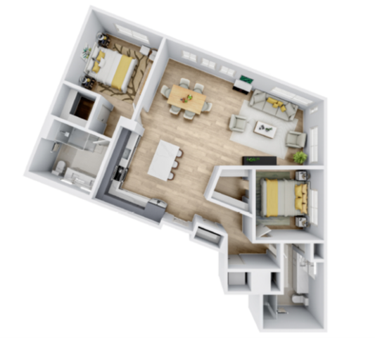 Modern 3D floor plan featuring 2 bedrooms, spacious open-plan kitchen, dining area, and inviting living room with large windows.