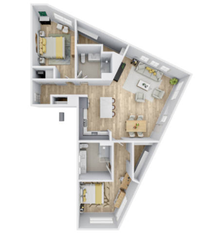 Modern floor plan featuring 2 bedrooms, sleek kitchen with island, open-concept living and dining area, and stylish bathroom.