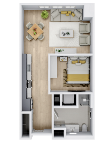 Contemporary open-concept floor plan featuring one bedroom, cozy living area, and modern kitchen with dining space.