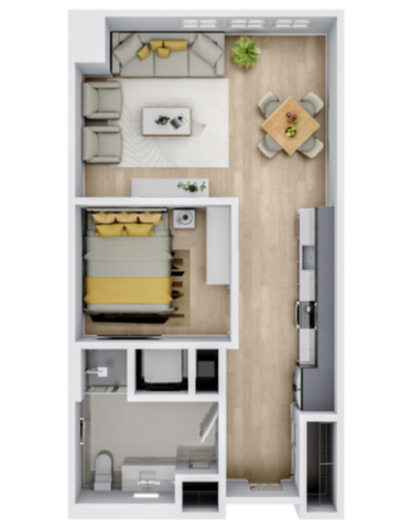 Cozy floor plan featuring a modern open-concept living room, dining area, sleek kitchen, and one stylish bedroom with an adjacent bathroom.