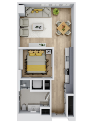 Elegant 2D floor plan featuring an open-concept living area, one bedroom, cozy dining space, and modern kitchen.