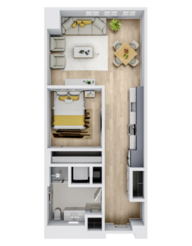 Modern floor plan with one cozy bedroom, open living and dining area, sleek kitchen, and stylish bathroom.