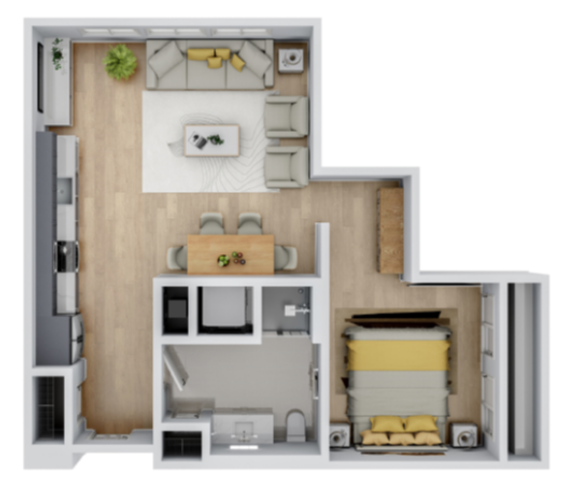 Modern open floor plan featuring a cozy living room, sleek kitchen, spacious dining area, stylish bedroom, and well-appointed bathroom.