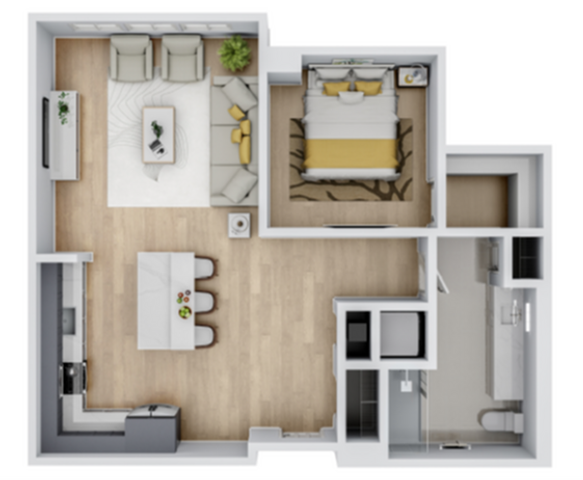 Contemporary floor plan showcasing an inviting open-concept living area, modern kitchen with island seating, and a cozy bedroom with stylish decor.