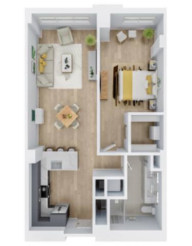 Contemporary 3D floor plan showcasing a spacious bedroom, open living area, modern kitchen, and sleek bathroom.