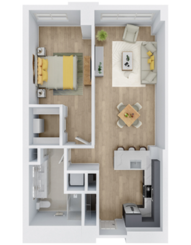 Contemporary floor plan showcasing a spacious one-bedroom apartment with an open-concept living and dining area, modern kitchen, and stylish bathroom.