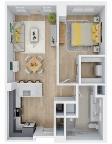 Modern floor plan showcasing a spacious 1-bedroom apartment with an open-concept living room, dining area, and stylish kitchen.