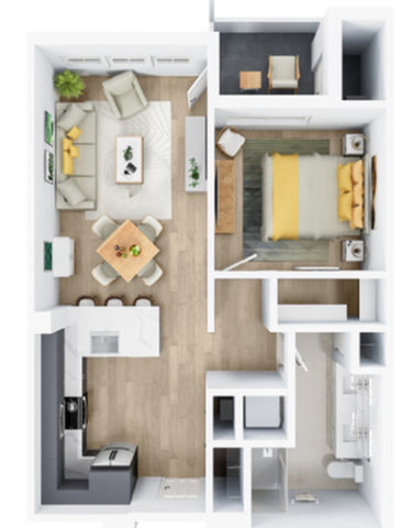 Inviting 3D floor plan featuring an elegant open-concept living area, contemporary kitchen, cozy bedroom, and modern bathroom.
