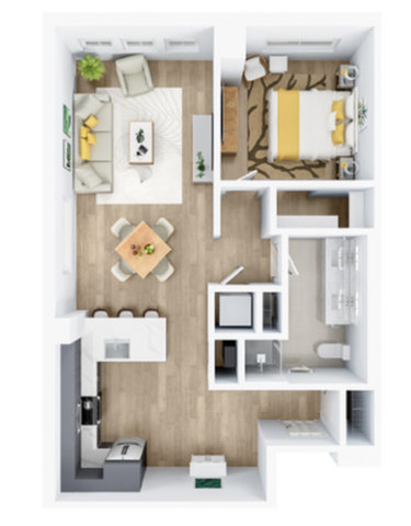 Modern open floor plan featuring a spacious living area, dining space, stylish kitchen, and cozy bedroom with private bathroom.