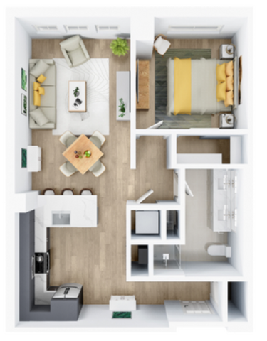 Modern apartment floor plan with one spacious bedroom, contemporary kitchen, cozy living area, and elegant bathroom layout.
