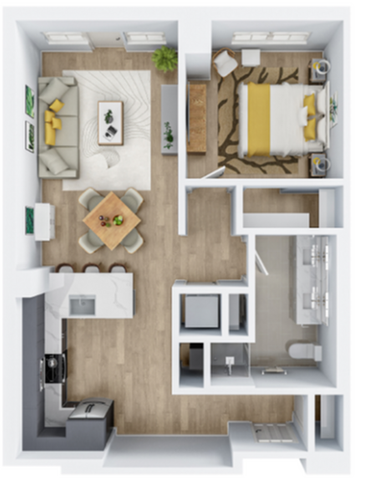 Modern 1-bedroom apartment floor plan with open-concept kitchen and living area, stylish furnishings, and an elegant bathroom layout.