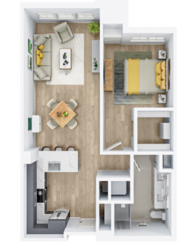 Modern open-concept floor plan with a spacious bedroom, cozy living area, stylish kitchen, and dining space. Ideal for contemporary living.
