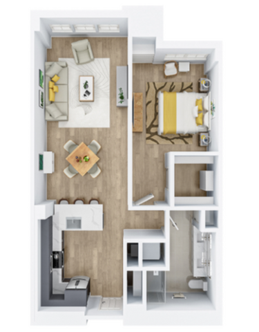 Modern floor plan featuring a spacious bedroom, contemporary kitchen, and inviting living area with natural light.