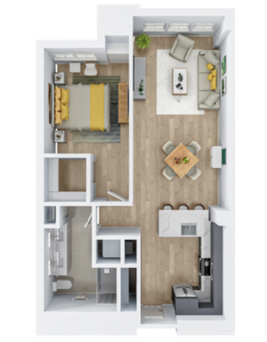 Contemporary open-concept floor plan featuring a spacious bedroom, cozy living area, and modern kitchen layout.