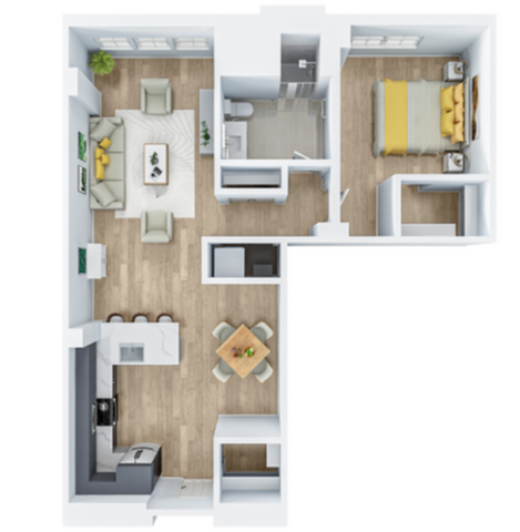 Inviting 2D floor plan showcasing a well-designed 1-bedroom apartment with an open-concept living room, modern kitchen, and cozy dining area.