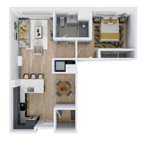 Modern floor plan featuring one bedroom, open-concept living and dining area, stylish kitchen, and a contemporary bathroom.