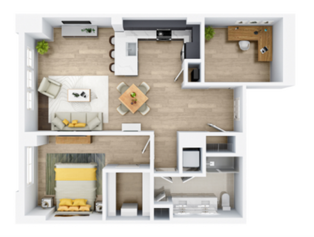 Modern open-concept floor plan featuring 1 bedroom, cozy living area, stylish kitchen, and dedicated workspace.