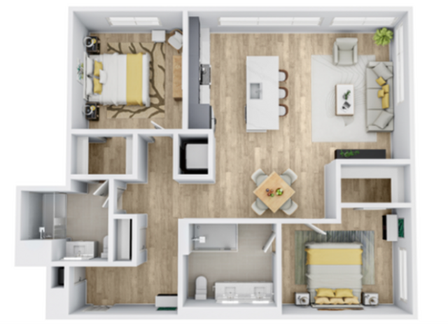 Modern 3D floor plan featuring two bedrooms, open living space, stylish kitchen, and cozy dining area with wood flooring.